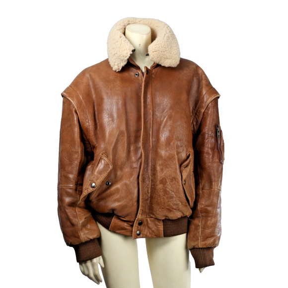 Vintage Midway Brown Leather Zipper Bomber Jacket Size 40 Sheep Shearling Collar - Picture 5 of 16